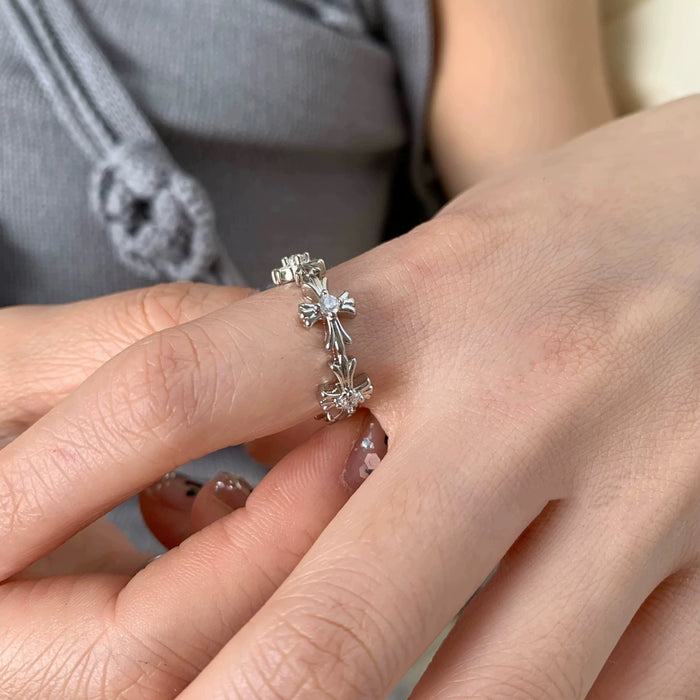 Petal Cross Open Ring – Floral Gothic Elegance