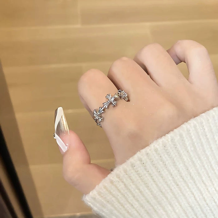 Petal Cross Open Ring – Floral Gothic Elegance