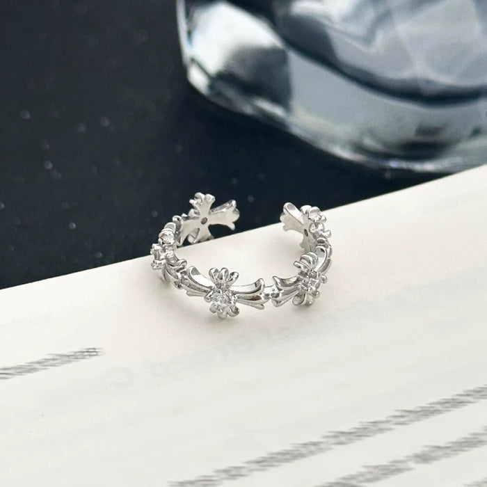 Petal Cross Open Ring – Floral Gothic Elegance