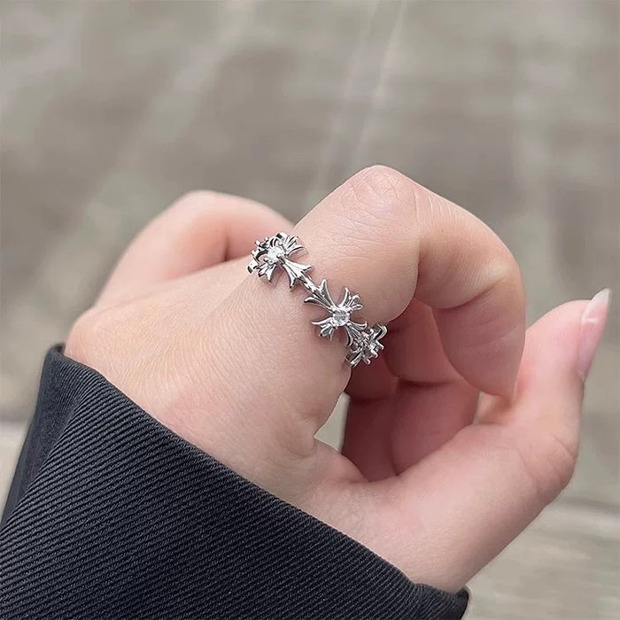 Petal Cross Open Ring – Floral Gothic Elegance