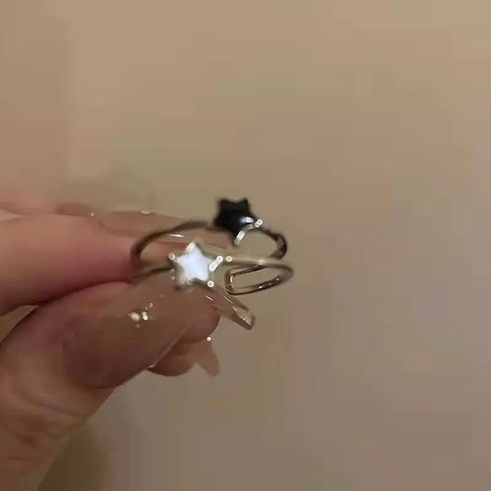 Twilight Duo Star Ring – Black & White Enamel Open Band