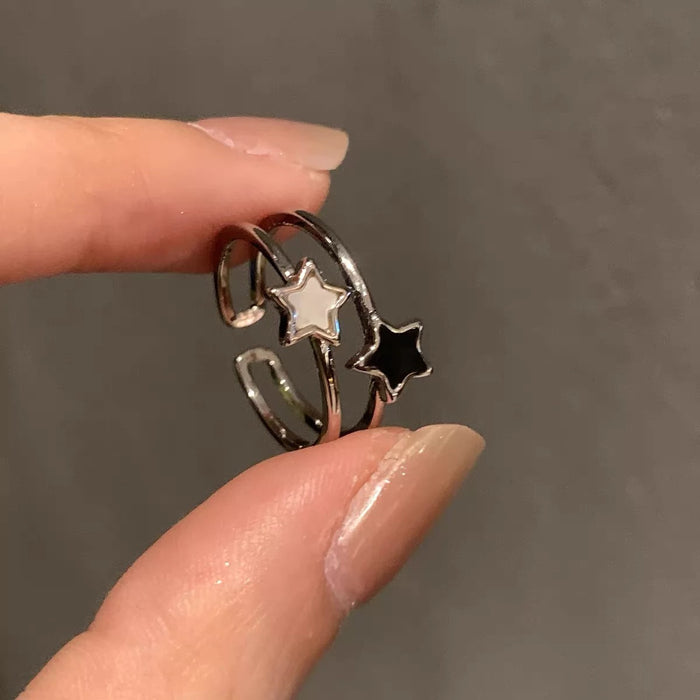 Twilight Duo Star Ring – Black & White Enamel Open Band