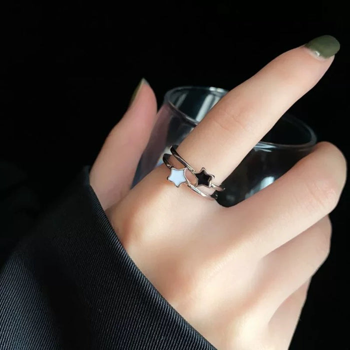 Twilight Duo Star Ring – Black & White Enamel Open Band