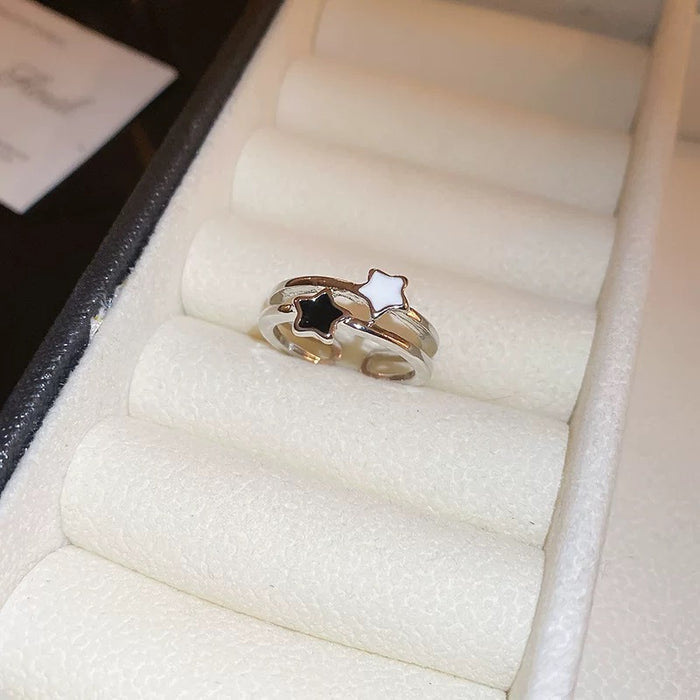 Twilight Duo Star Ring – Black & White Enamel Open Band