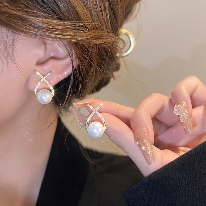 Golden Grace Pearl Earrings – X-Cross Pavé Drop Studs