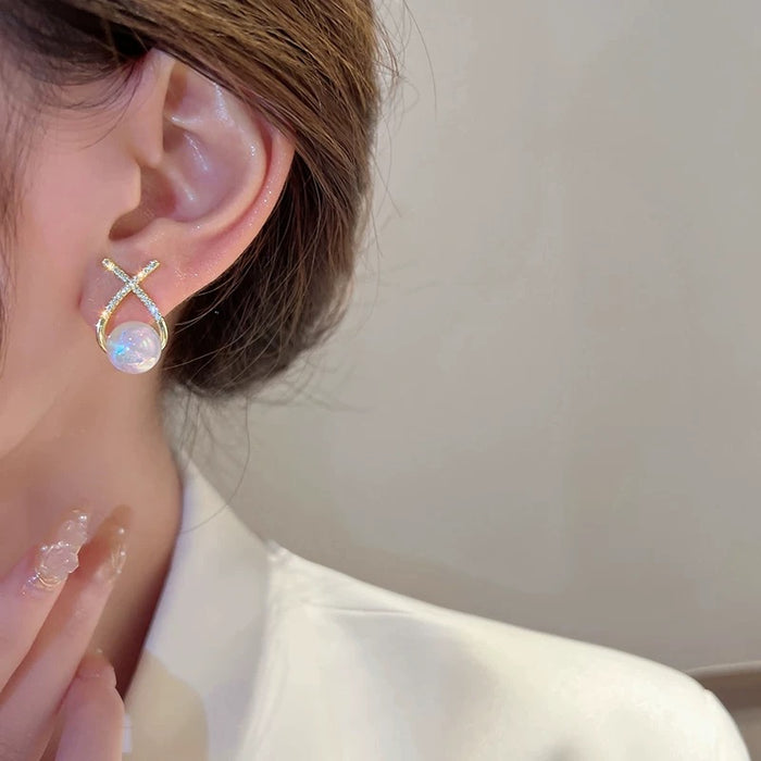 Golden Grace Pearl Earrings – X-Cross Pavé Drop Studs