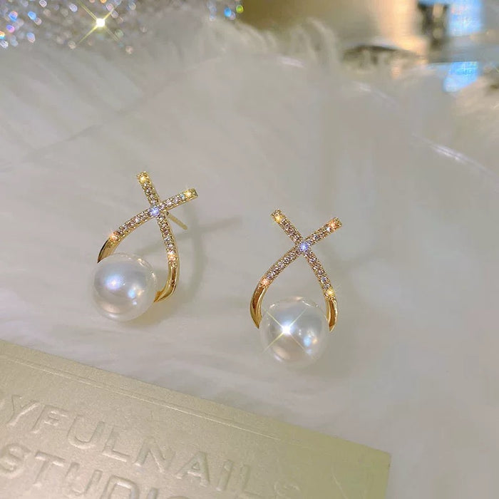 Golden Grace Pearl Earrings – X-Cross Pavé Drop Studs