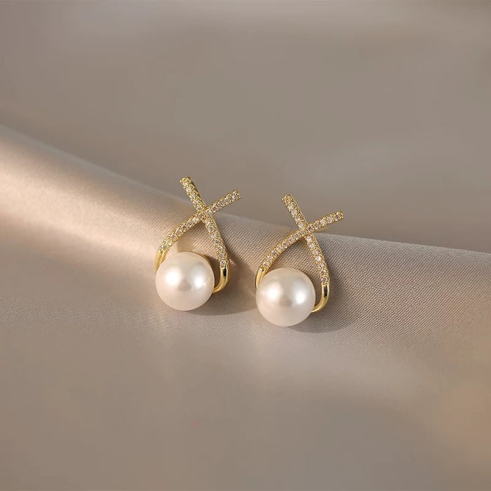 Golden Grace Pearl Earrings – X-Cross Pavé Drop Studs