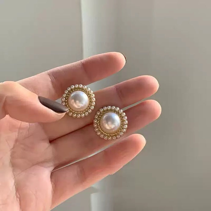Vintage-Inspired Oversized Pearl Stud Earrings – Gold Beaded Frame