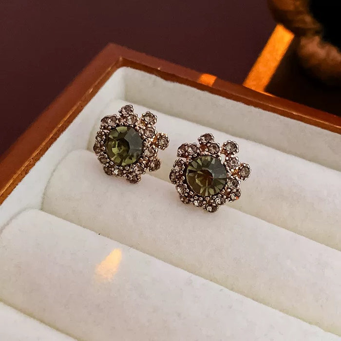 Vintage Green Crystal Stud Earrings – Floral Halo Rhinestone Design