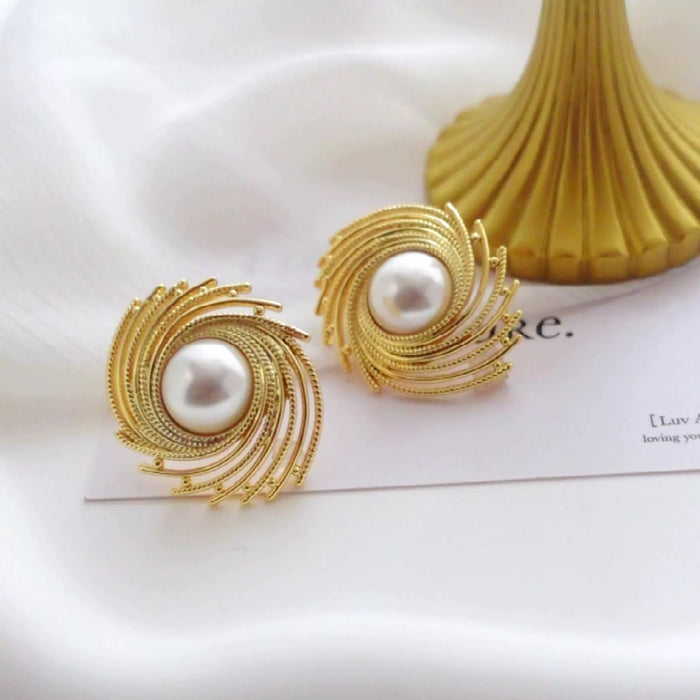 Elegant Swirl Pearl Statement Earrings – Gold-Tone Vintage Style