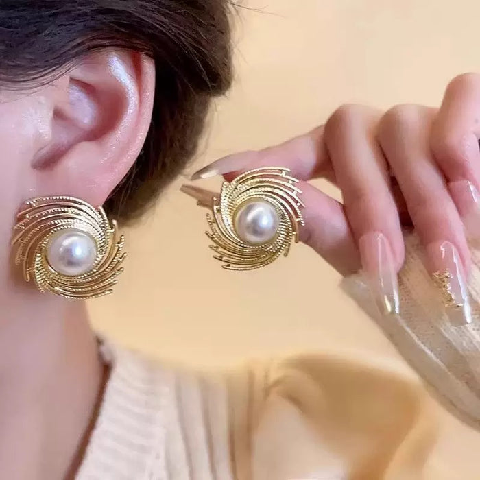 Elegant Swirl Pearl Statement Earrings – Gold-Tone Vintage Style