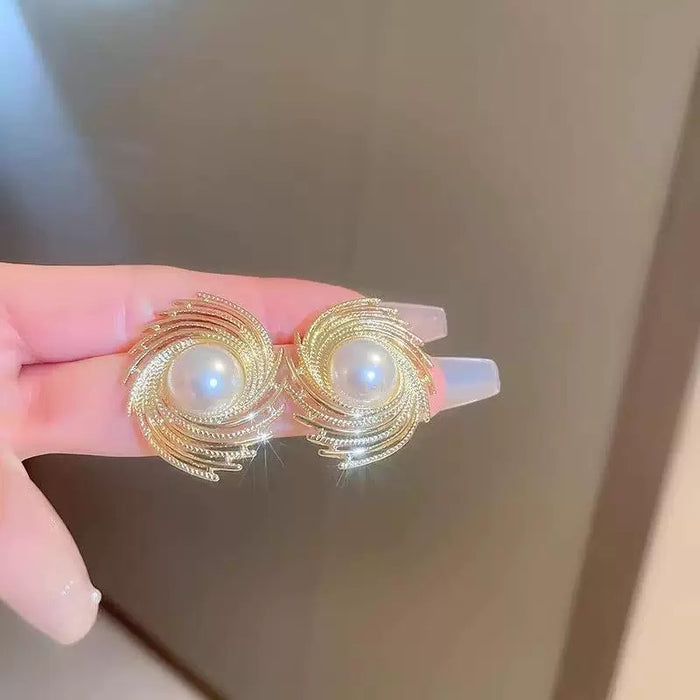 Elegant Swirl Pearl Statement Earrings – Gold-Tone Vintage Style
