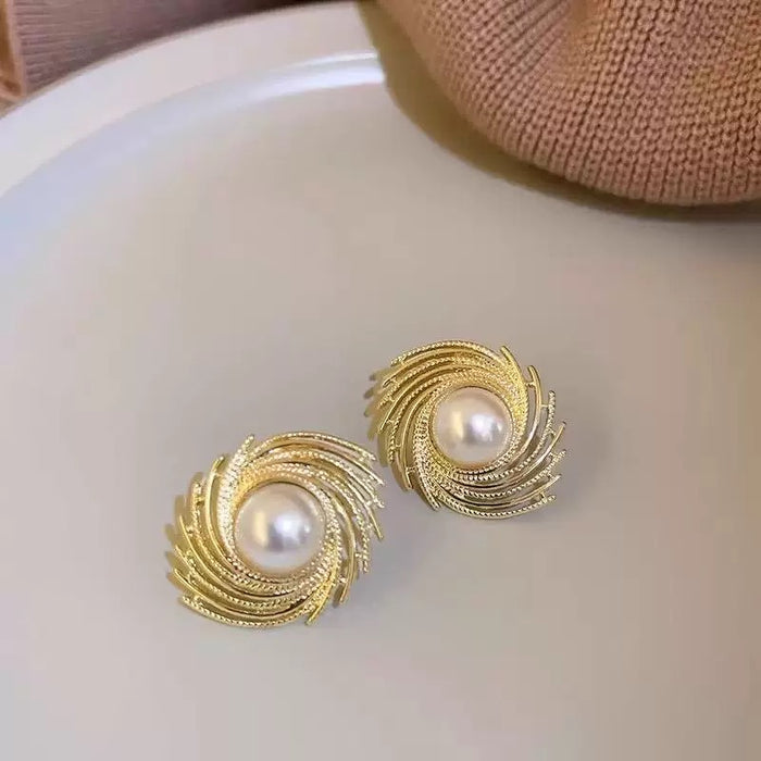 Elegant Swirl Pearl Statement Earrings – Gold-Tone Vintage Style