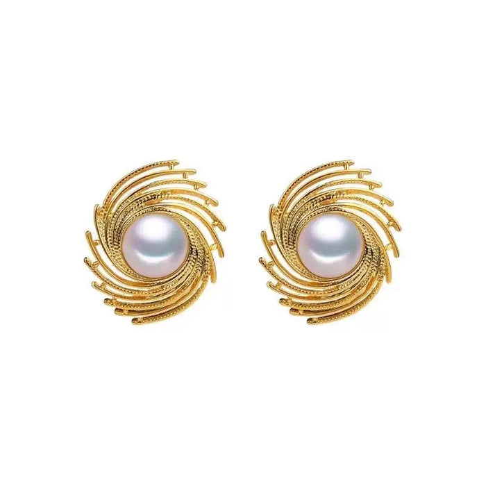 Elegant Swirl Pearl Statement Earrings – Gold-Tone Vintage Style