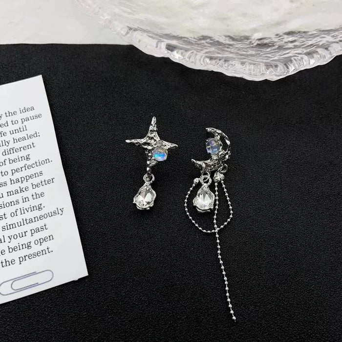 Celestial Moon & Star Drop Earrings – Iridescent Crystals with Asymmetrical Chain Design