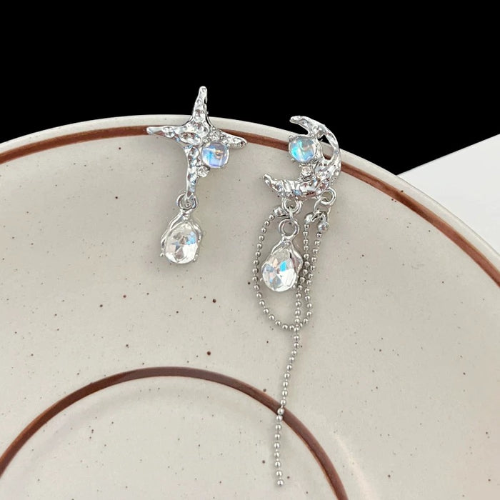 Celestial Moon & Star Drop Earrings – Iridescent Crystals with Asymmetrical Chain Design