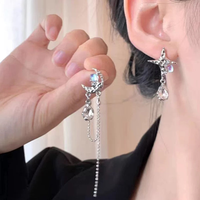 Celestial Moon & Star Drop Earrings – Iridescent Crystals with Asymmetrical Chain Design