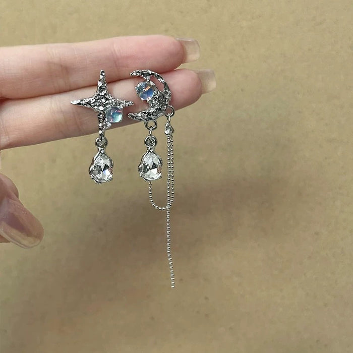 Celestial Moon & Star Drop Earrings – Iridescent Crystals with Asymmetrical Chain Design