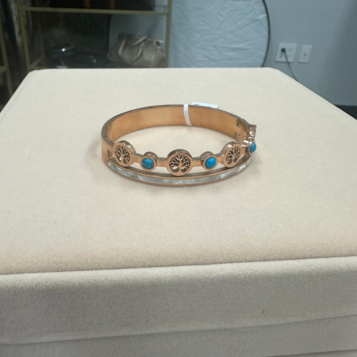 Tree of Life Bangle Bracelet with Turquoise Accents – Rose Gold-Tone Cuff