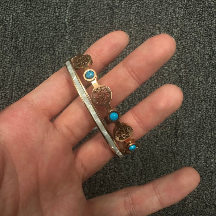 Tree of Life Bangle Bracelet with Turquoise Accents – Rose Gold-Tone Cuff
