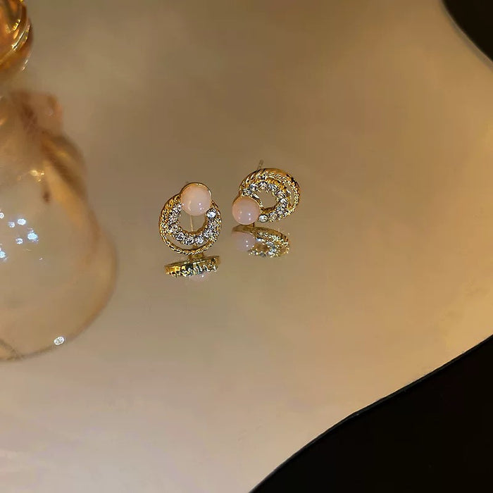 Dainty Crystal Hoop Earrings with Orange Bead – Elegant Gold-Tone Studs